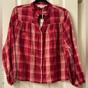 Anthropologie Forever That Girl Aliyah Embroidered Red Plaid Button-Up Blouse